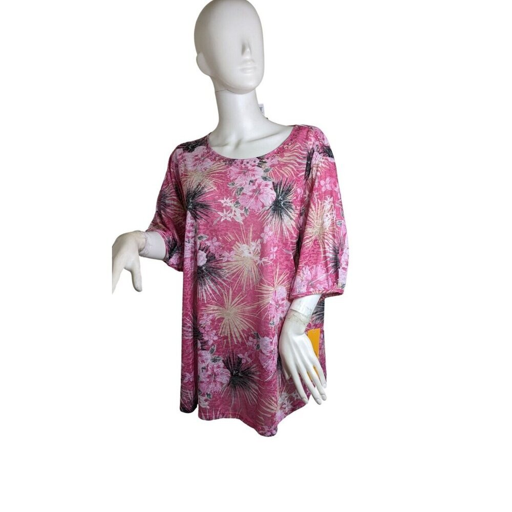 Ruby Rd Women's  Size 2X Jeweled Collar Floral Pink Short SleeveTop Blouse (12)